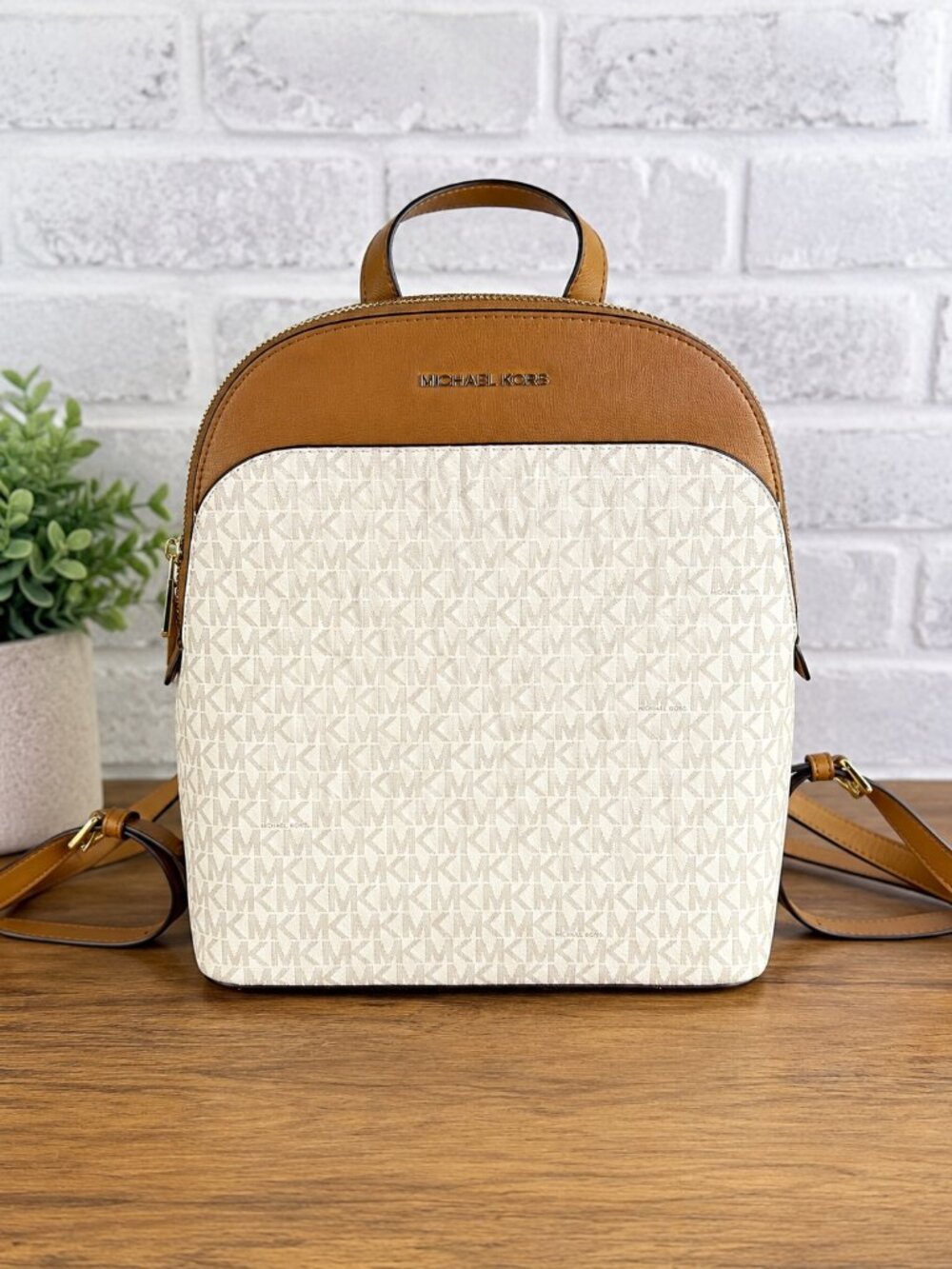 Michael Kors Abbey Erin Signature MK Vanilla Brown Backpack Purse
